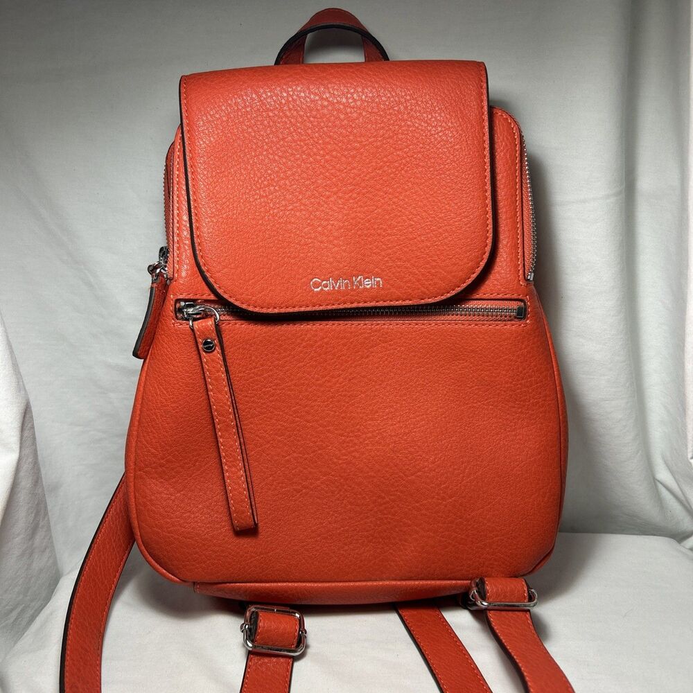 CALVIN KLEIN REYNA NOVELTY FLAP BACKPACK PURSE BLACK TANGERINE